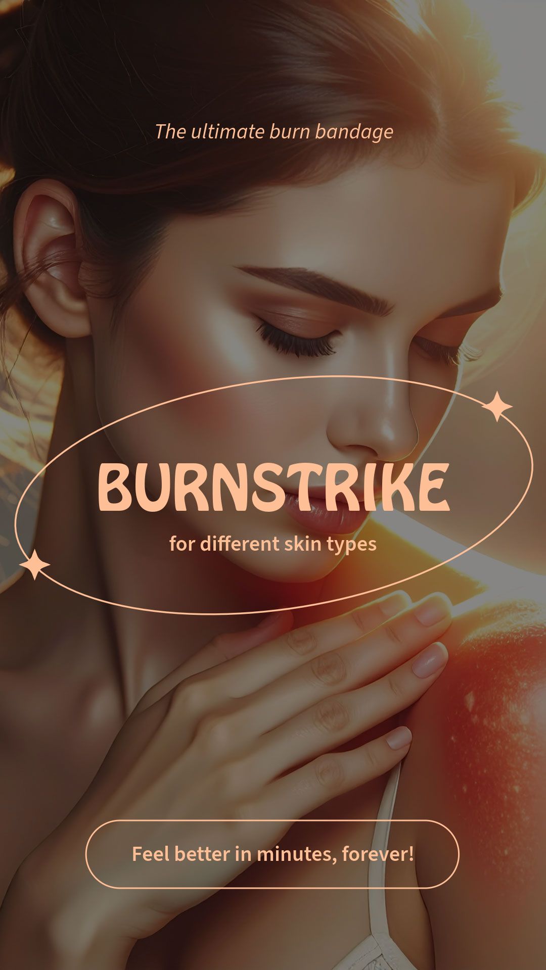 Woman with a ponytail showing BurnStrike burn relief bandage product poster