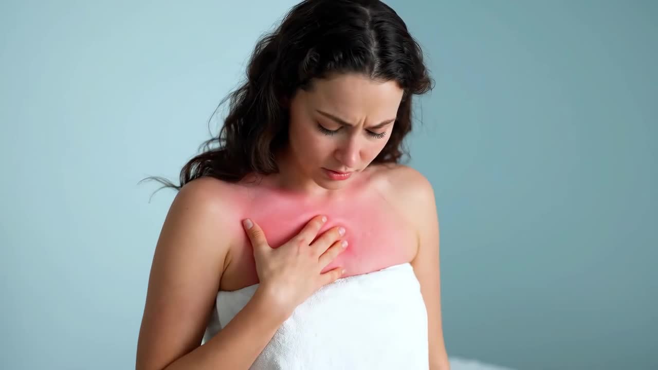 Woman holding towel to chest with redness — skin needing immediate soothing relief