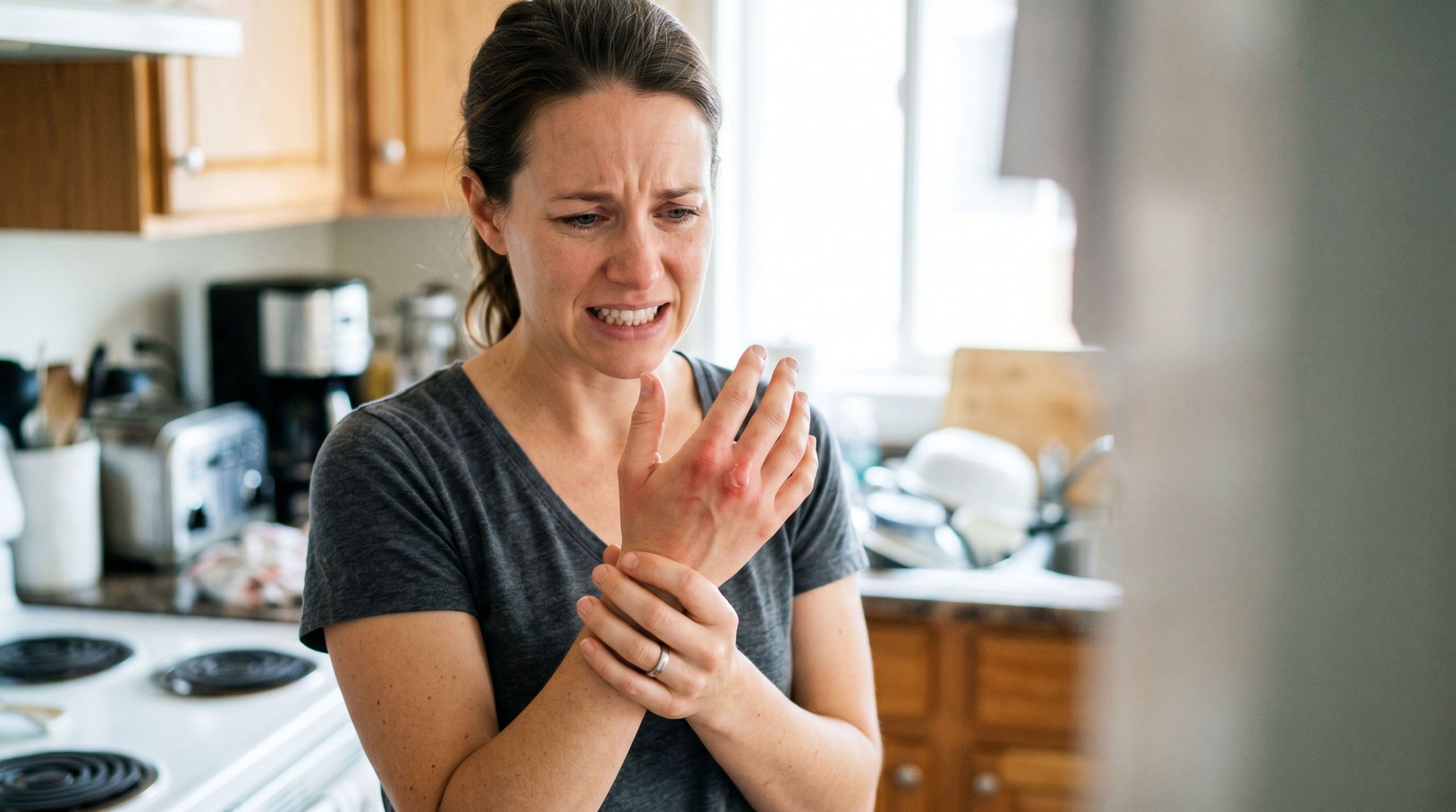 Woman in kitchen reaches for kettle — everyday moments that call for BurnStrike